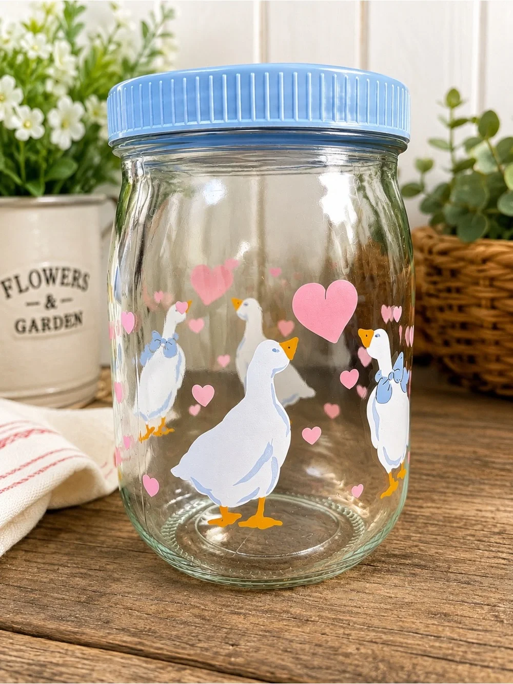 Vintage Duck Glass Jar with Blue Lid and Pink Hearts
